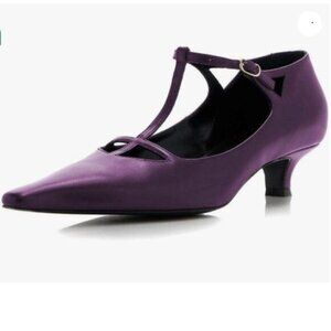 Women’s Ankle Strap Pumps Low Kitten Heels T Strap Mary Jane Pointed Toe Purple